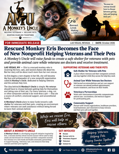 Eris, the rescued monkey, with imagery honoring veterans and their companion animals